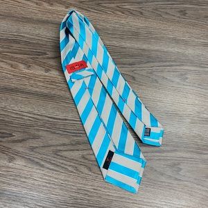 ISAIA Seven Fold Teal & White Stripe Tie